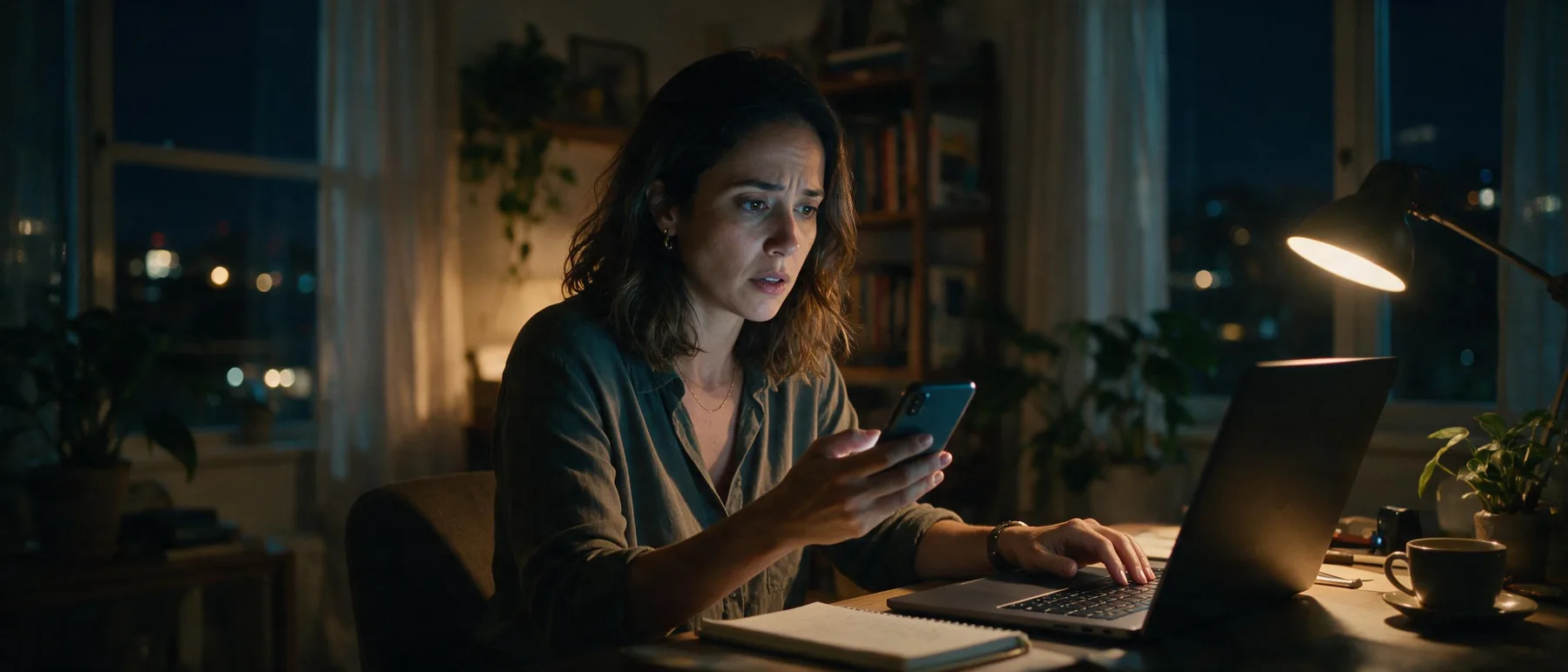 Empreendedora em home office à noite, olhando preocupada para o celular com a outra mão no notebook